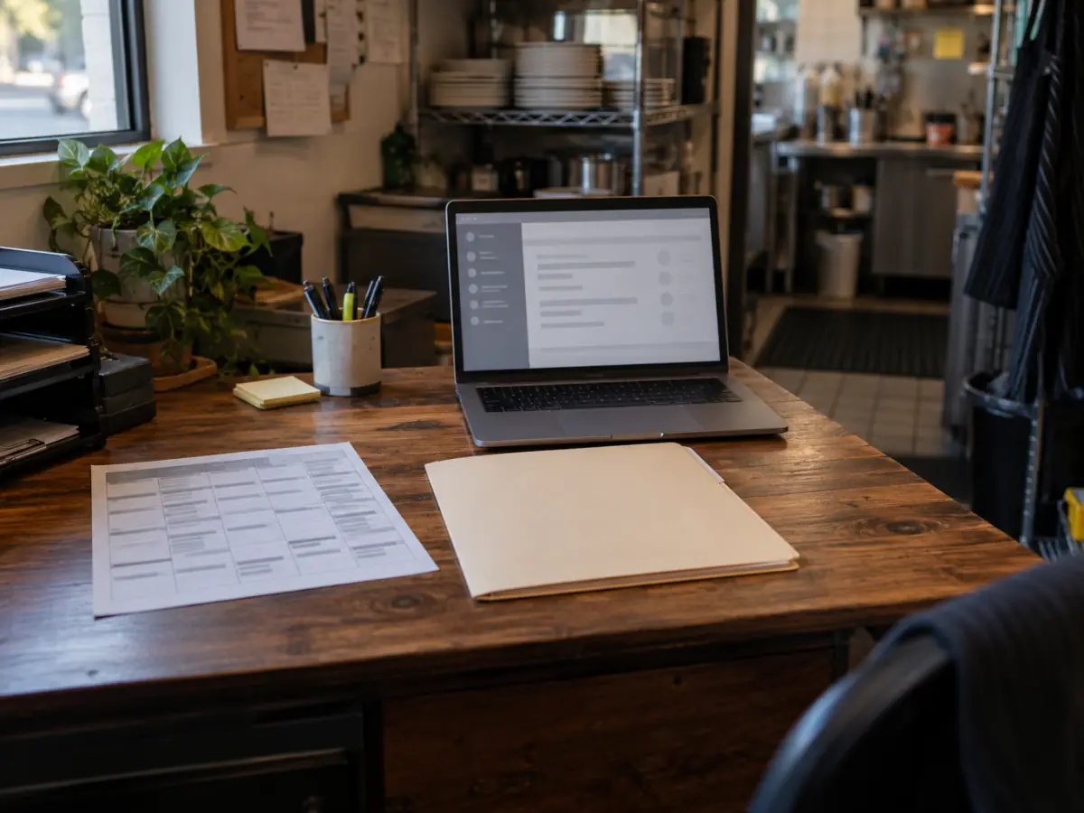 Staff schedule and a closed personnel folder on a back-office desk next to a laptop