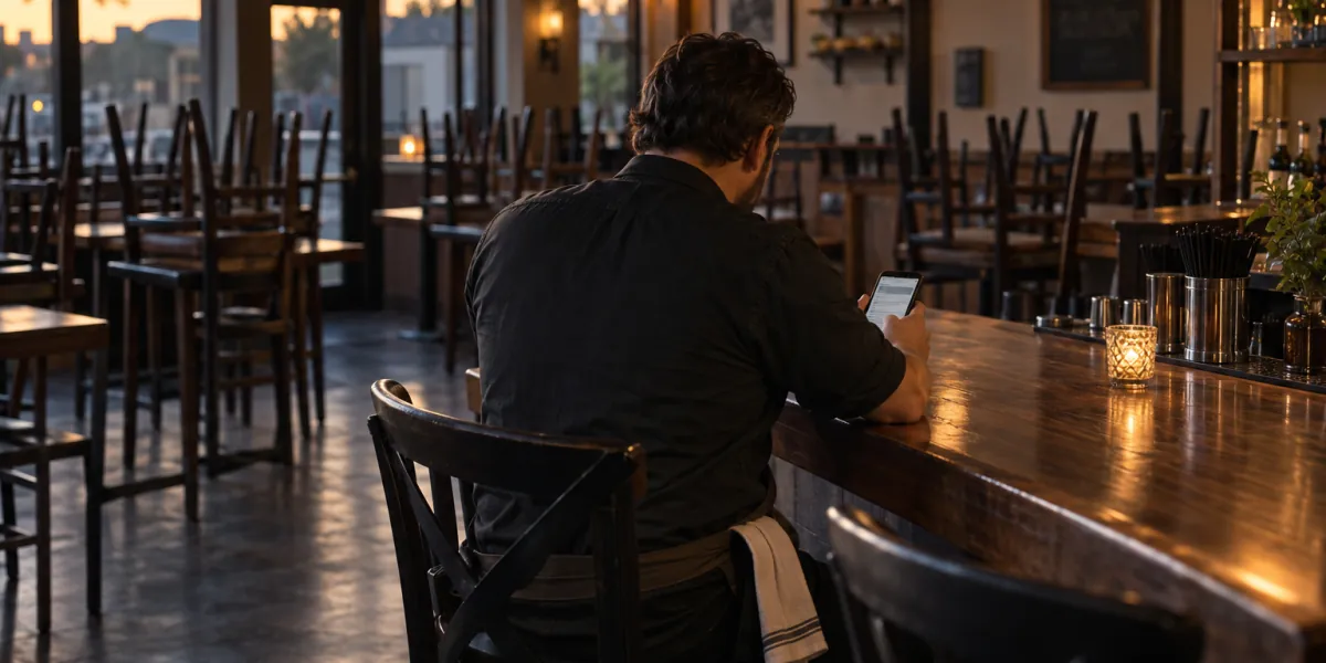 Restaurant owner in an empty dining room reading a review on a phone after closing time