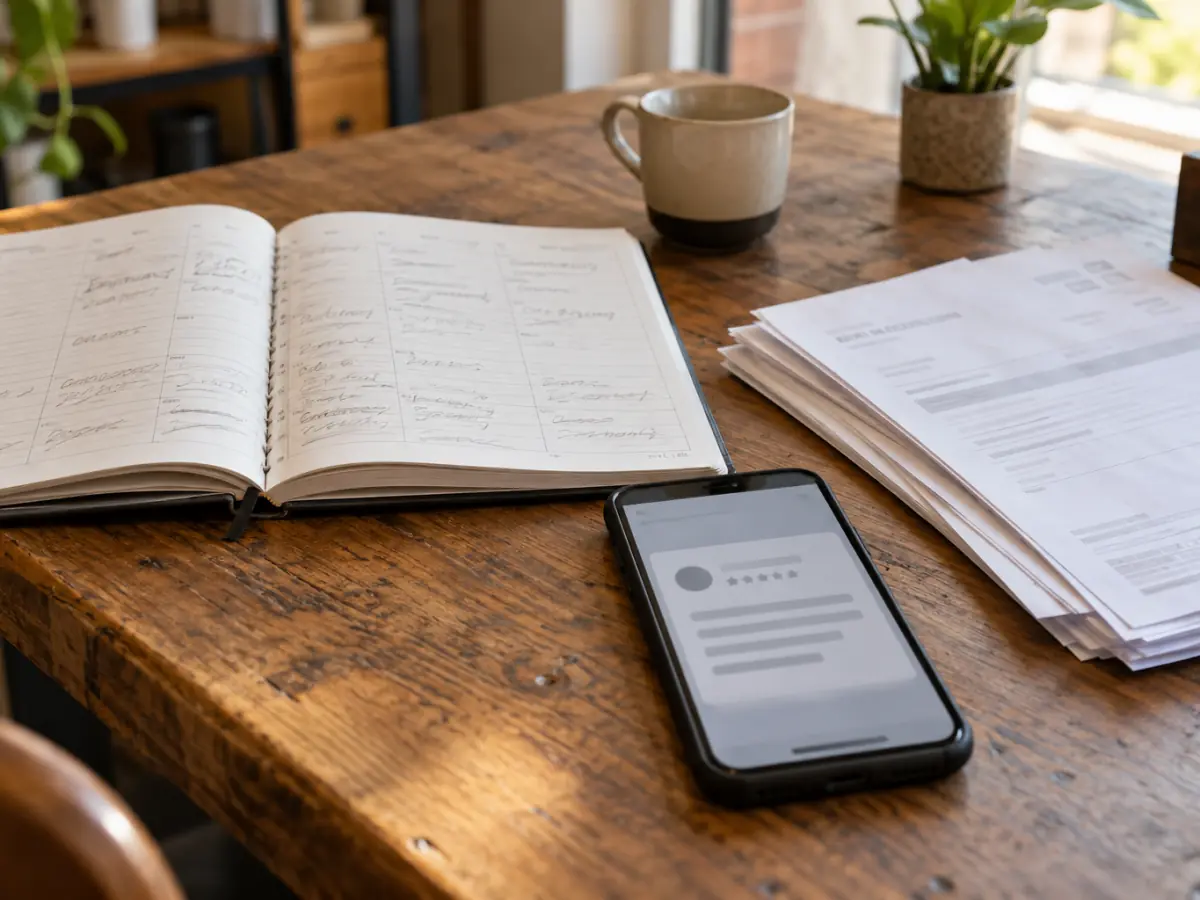 Printed appointment book and invoices next to a phone showing a business review, ready to compare