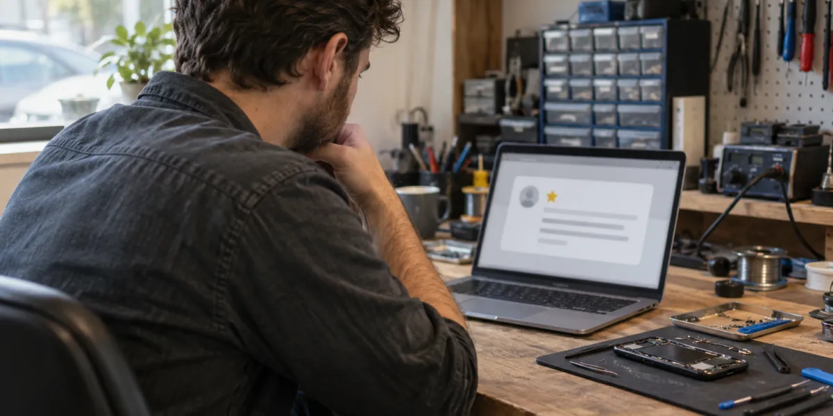 Owner of a small repair shop frowning at an unfamiliar one-star review on a laptop