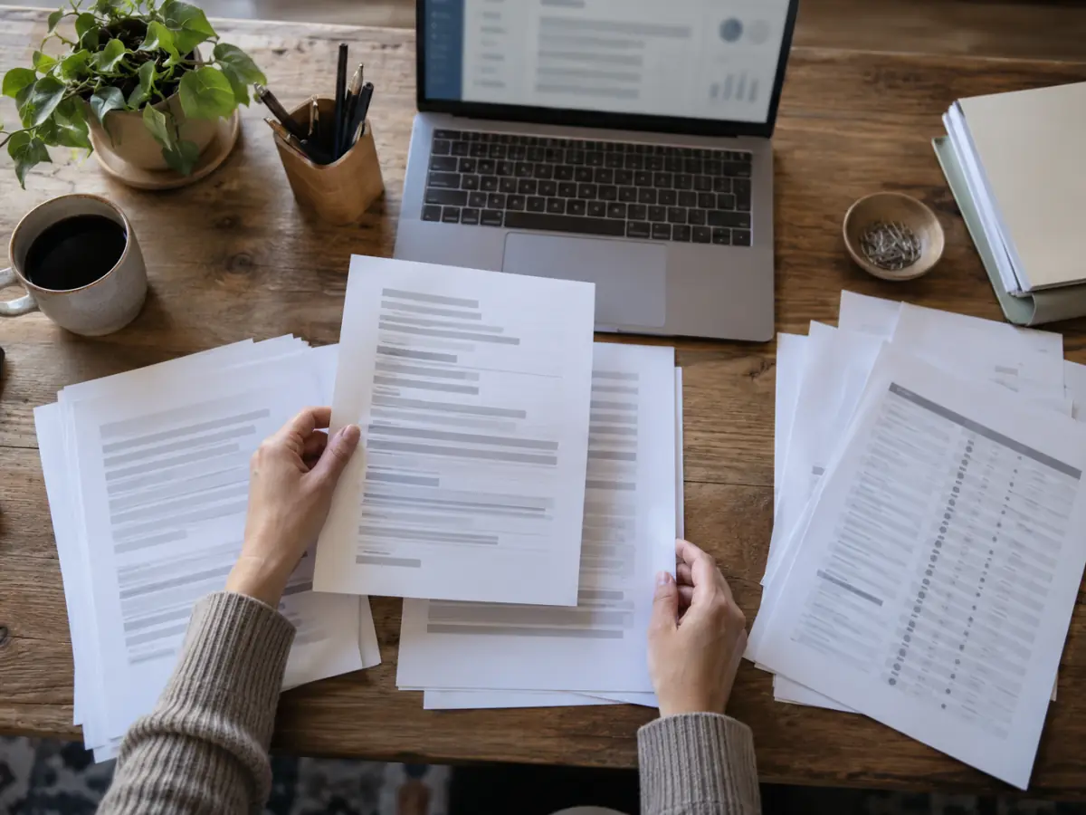 Printed reviews, a customer list and a laptop spread across an office desk while an owner sorts them