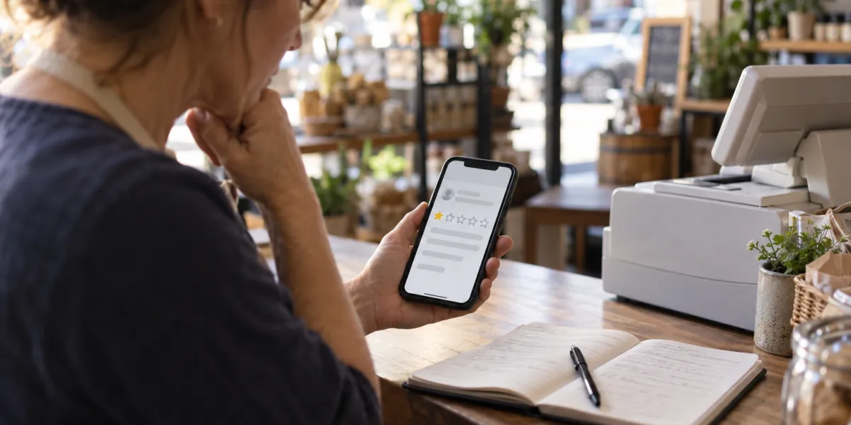 Shop owner at the counter reading a one-star review on a phone, with a notebook open beside it