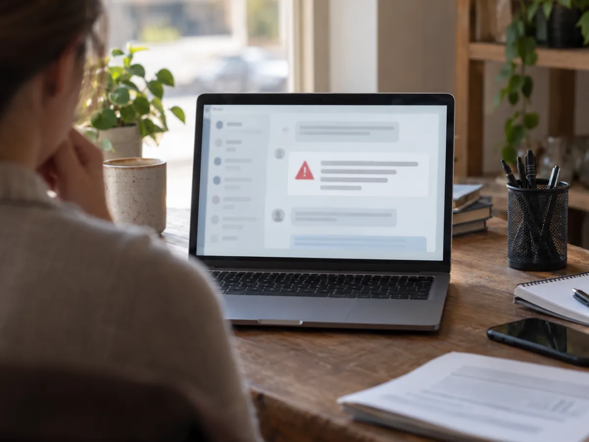 Laptop screen with a message demanding payment to stop negative reviews