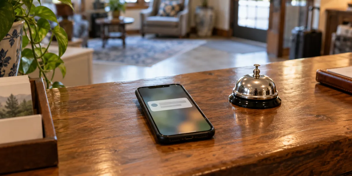 Phone on a hotel front desk showing an unread message next to the service bell