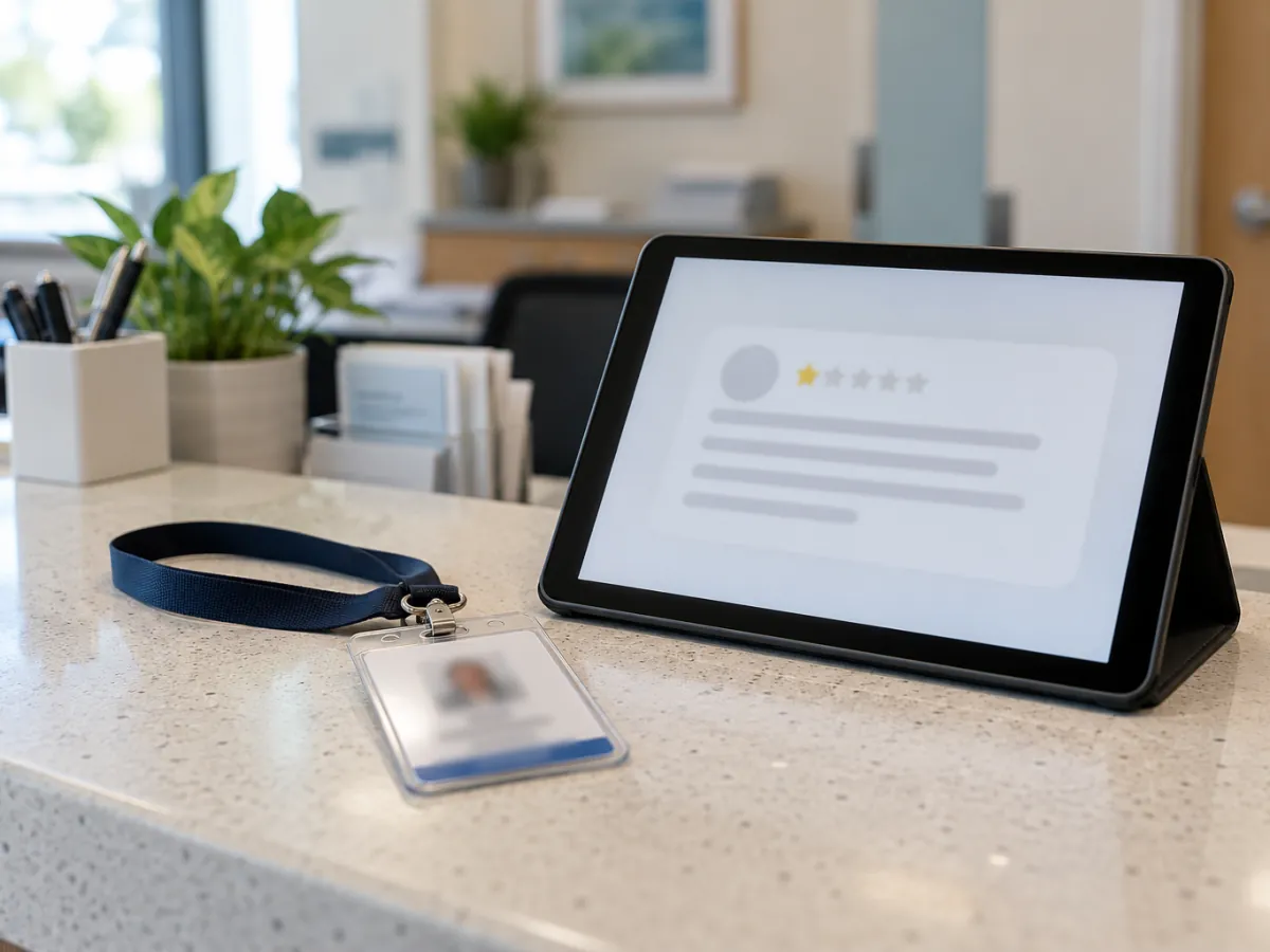 Blurred staff badge on a counter beside a tablet showing a customer review