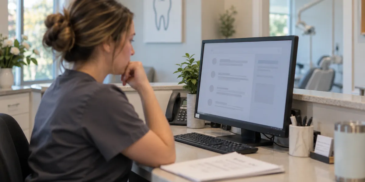 Clinic receptionist looking concerned at a review on the front desk computer