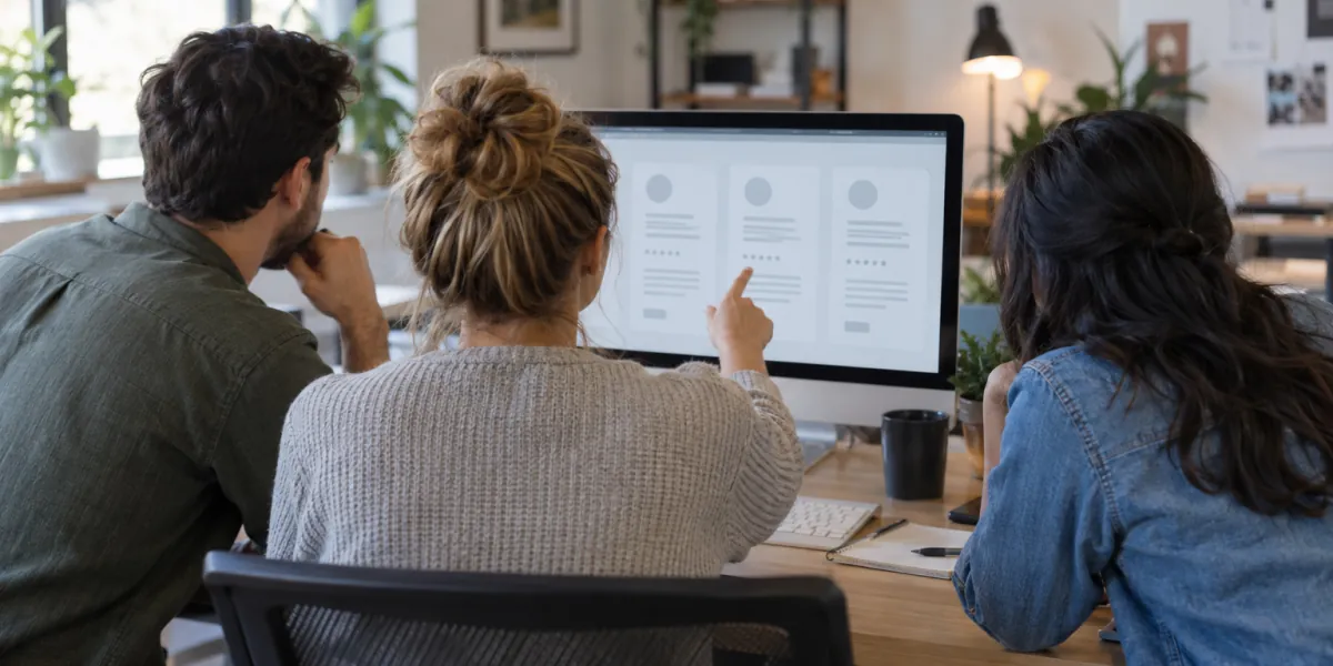Small agency team looking at several client business profiles on a shared screen