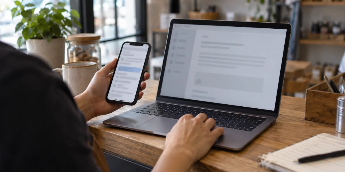 Business owner copying a review link from a phone into a laptop