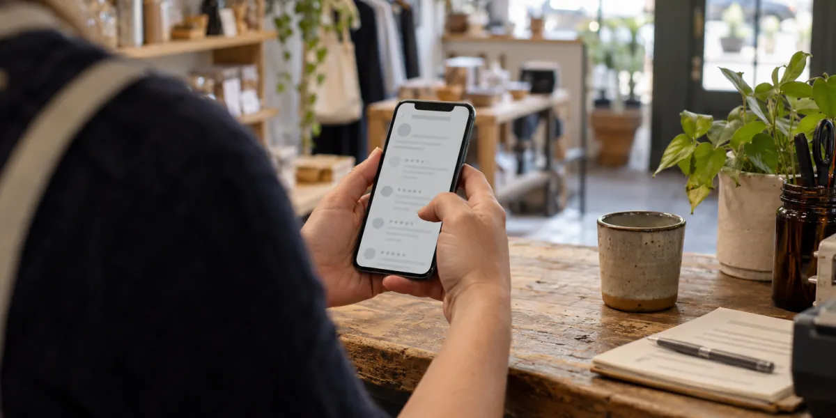 Shop owner at a counter checking the reviews on a business listing on a phone