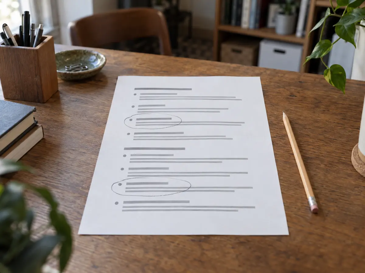 Printed list of review policy categories with two reviews marked for a closer look