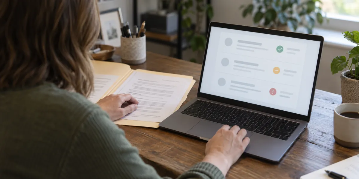 Owner comparing the status of a reported review on screen with notes in a folder