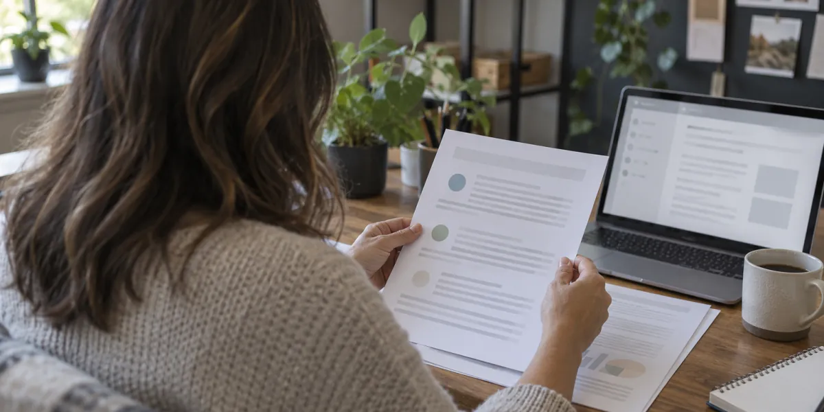 Business owner at a desk reading printed guides about handling online reviews