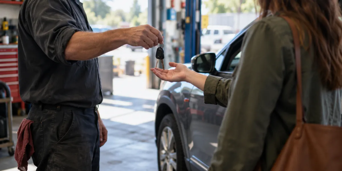 Auto shop owner handing car keys back to a customer and chatting at the end of a repair