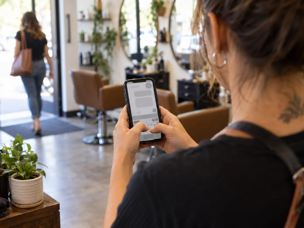 Salon owner typing a short thank-you text to a client on a phone after an appointment