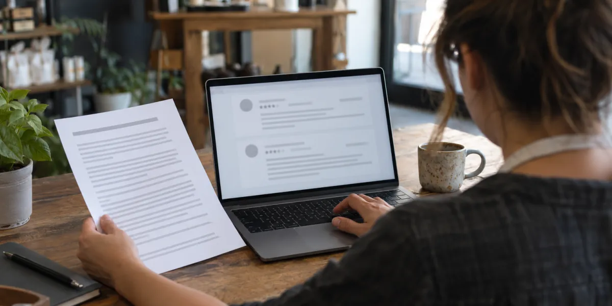 Business owner reading a customer review on a laptop next to a printed copy of Google's content policy