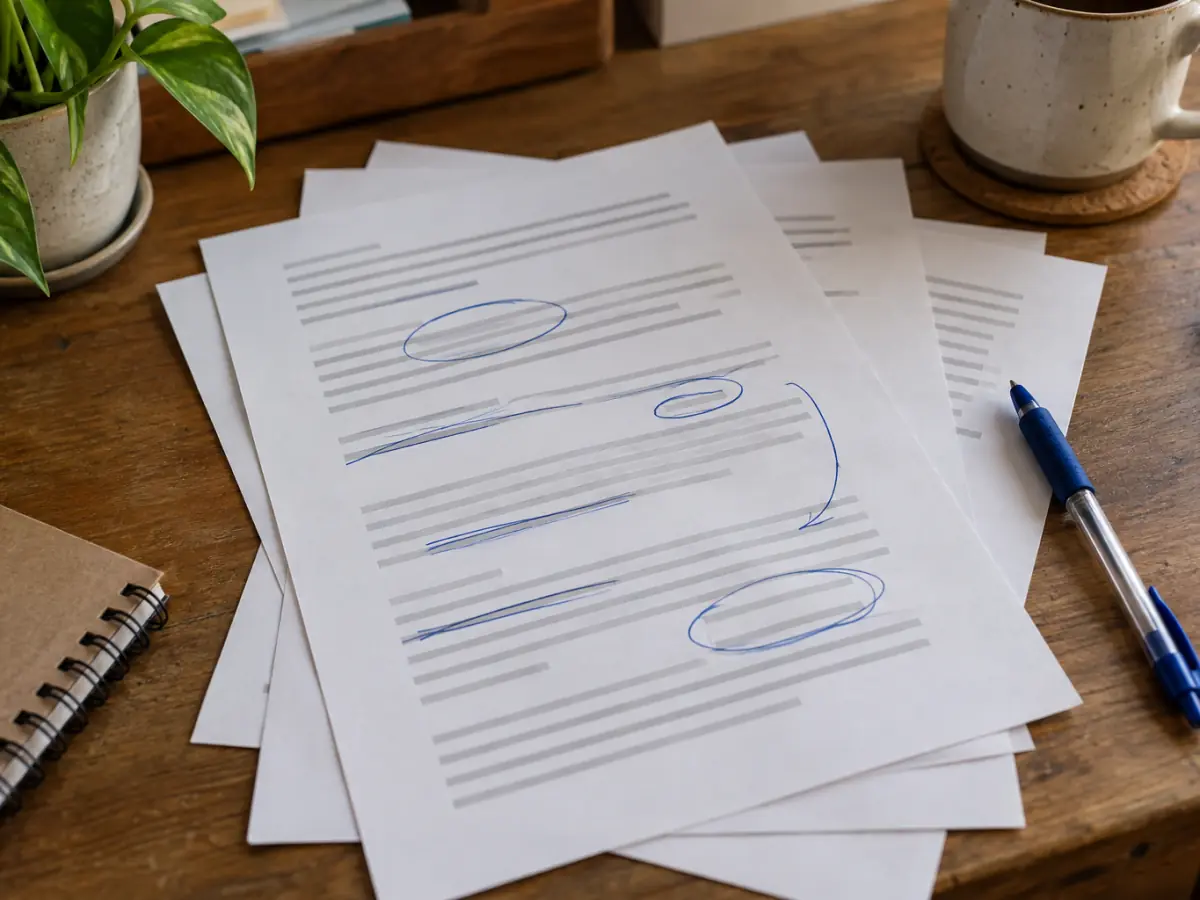 Printed draft replies to customer reviews with edits marked in pen