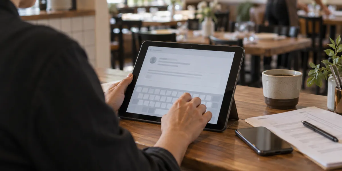 Restaurant manager typing a calm reply to a customer complaint on a tablet