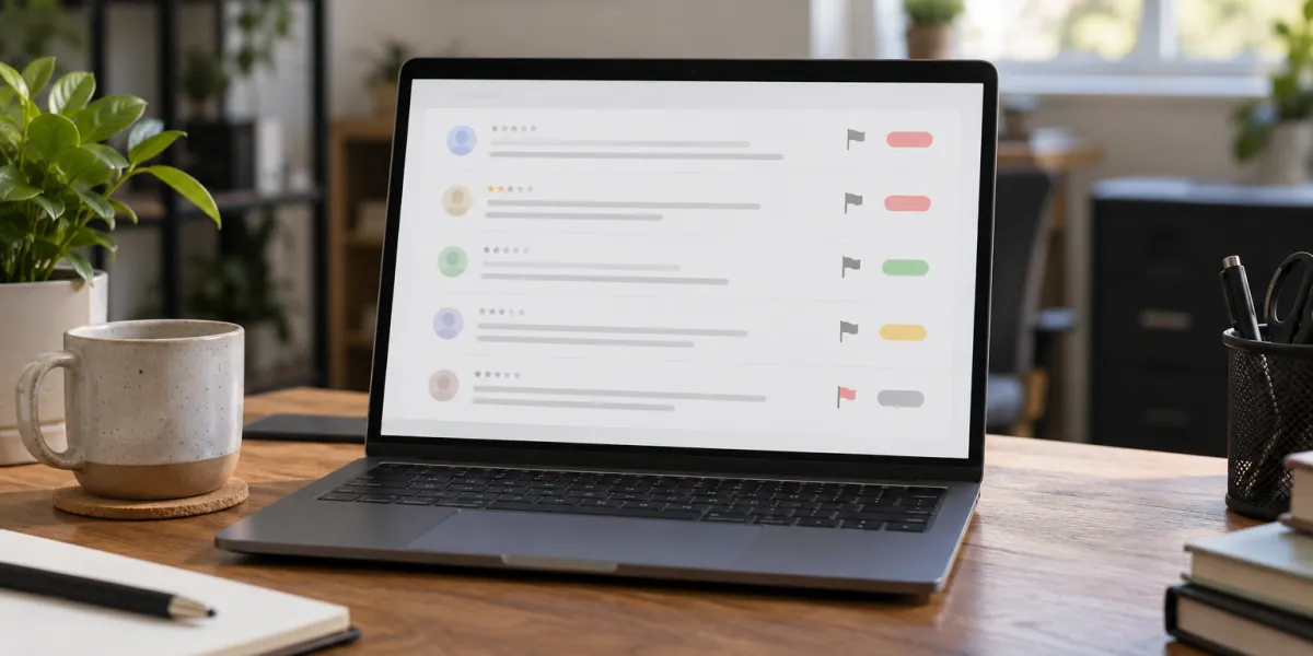 Laptop screen with a list of flagged reviews and the status of each request