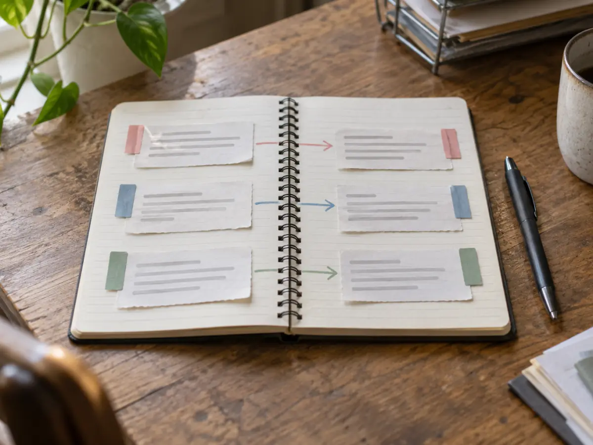 Notebook with review excerpts matched to the content rules they break