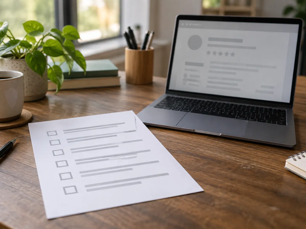 Printed list of review rules next to a laptop showing a business profile