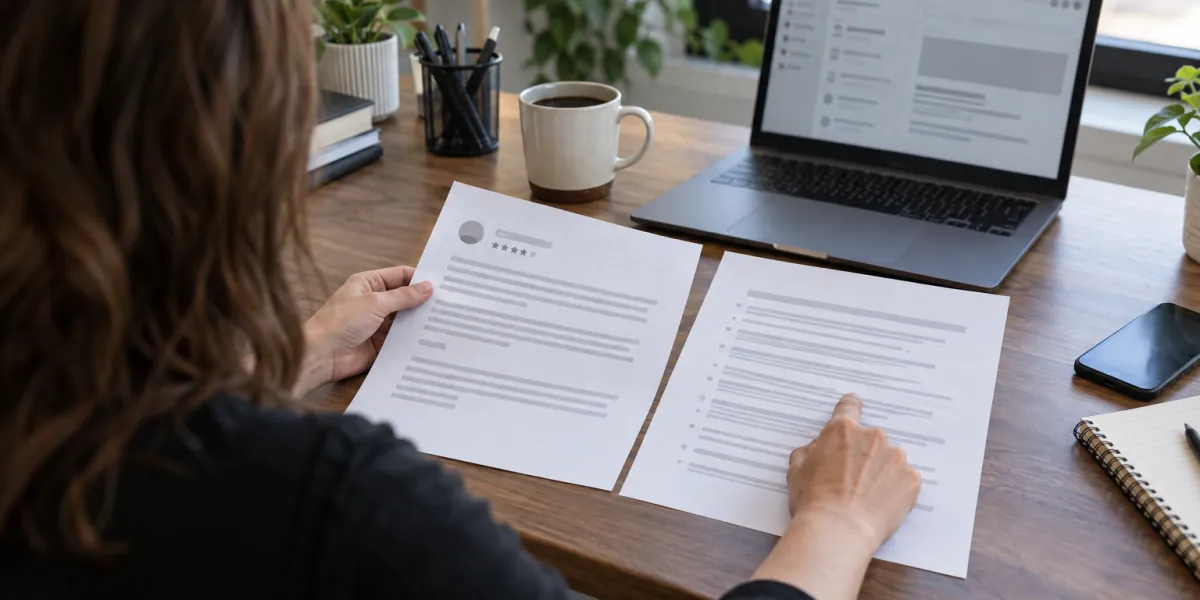 Person at a desk checking a printed review against a page of platform rules
