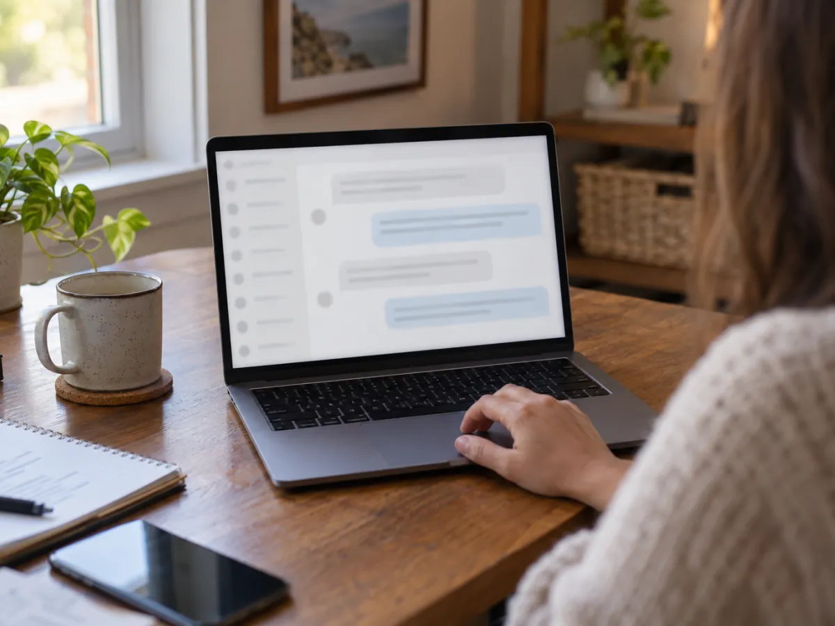 Host reviewing a saved message thread with a guest on a laptop before reporting a review
