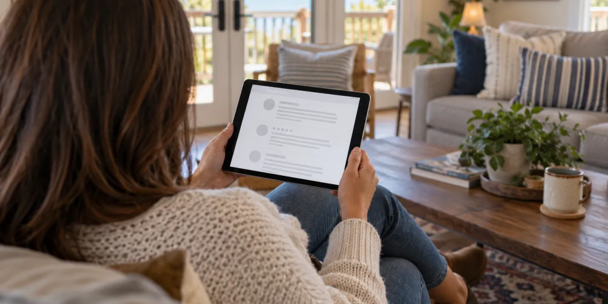 Vacation rental host reading a guest review on a tablet in a freshly cleaned living room