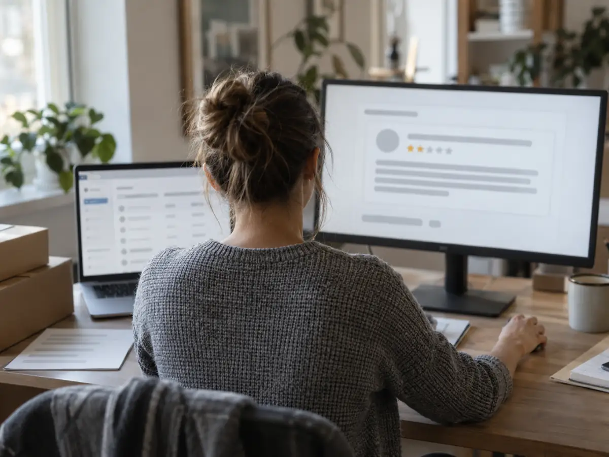 Seller comparing an order record with a customer feedback comment on two screens
