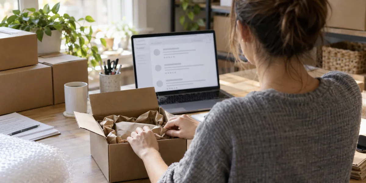 Online seller packing orders at a workbench while checking customer feedback on a laptop