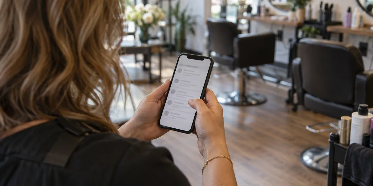 Salon owner scrolling through customer recommendations on a business Page on a phone