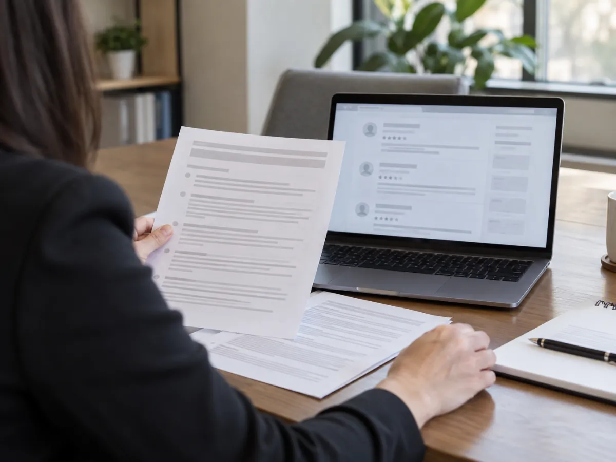 Employer comparing a workplace review with printed community guidelines at a meeting table