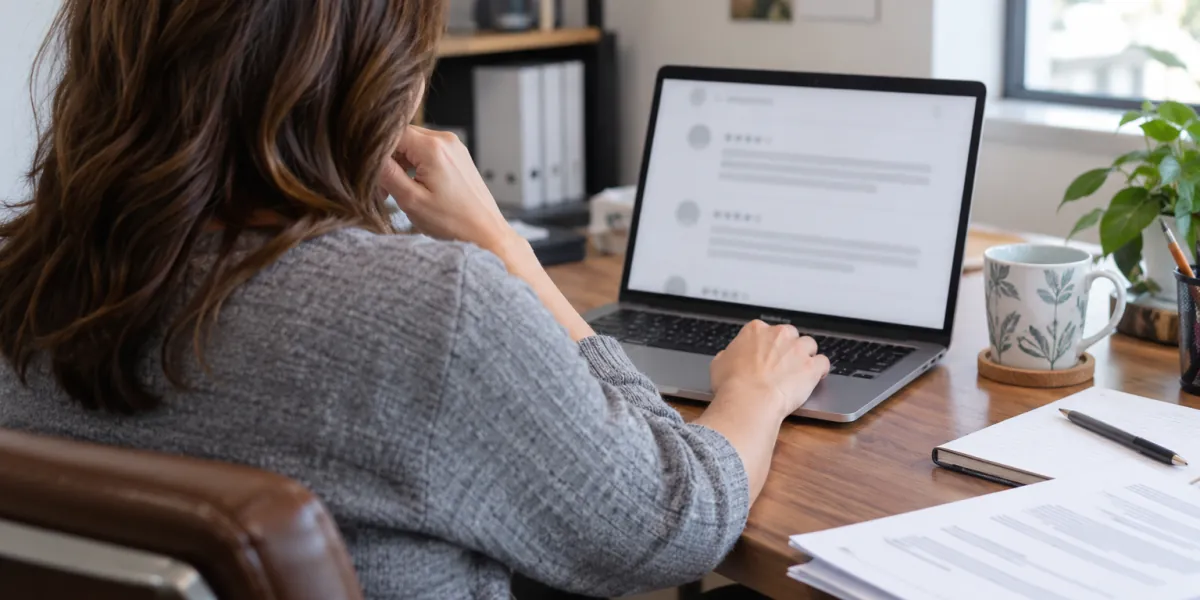 HR manager reading an anonymous employee review of the company on a laptop in an office