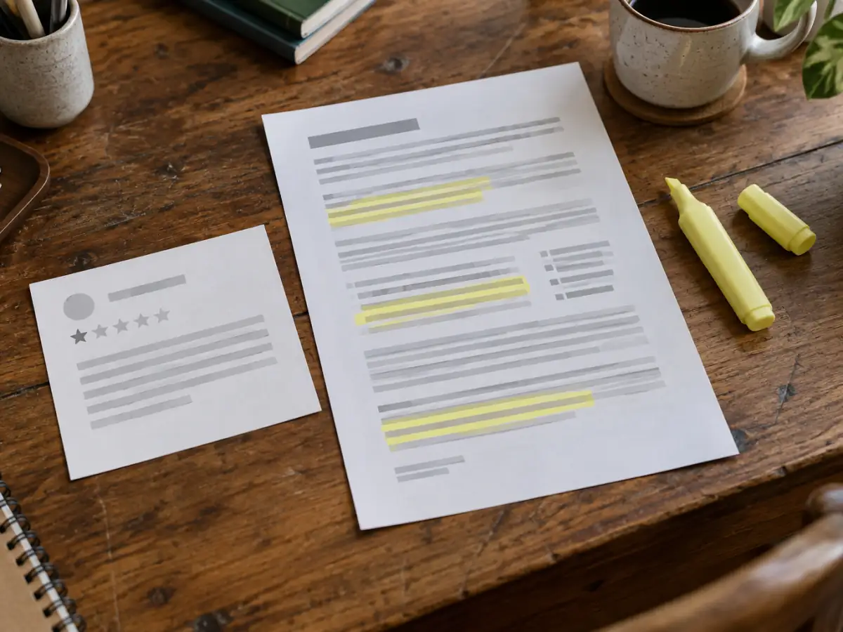 Printed review next to a highlighted platform content policy on a desk