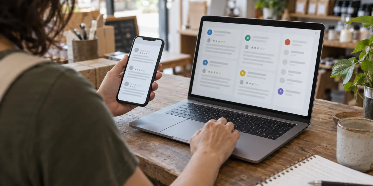 Business owner comparing customer reviews from several review sites on a laptop and a phone