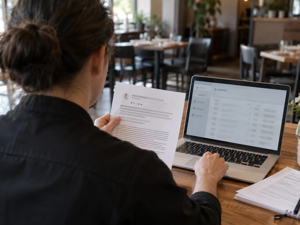 Restaurant manager comparing a printed guest review with reservation records on a laptop