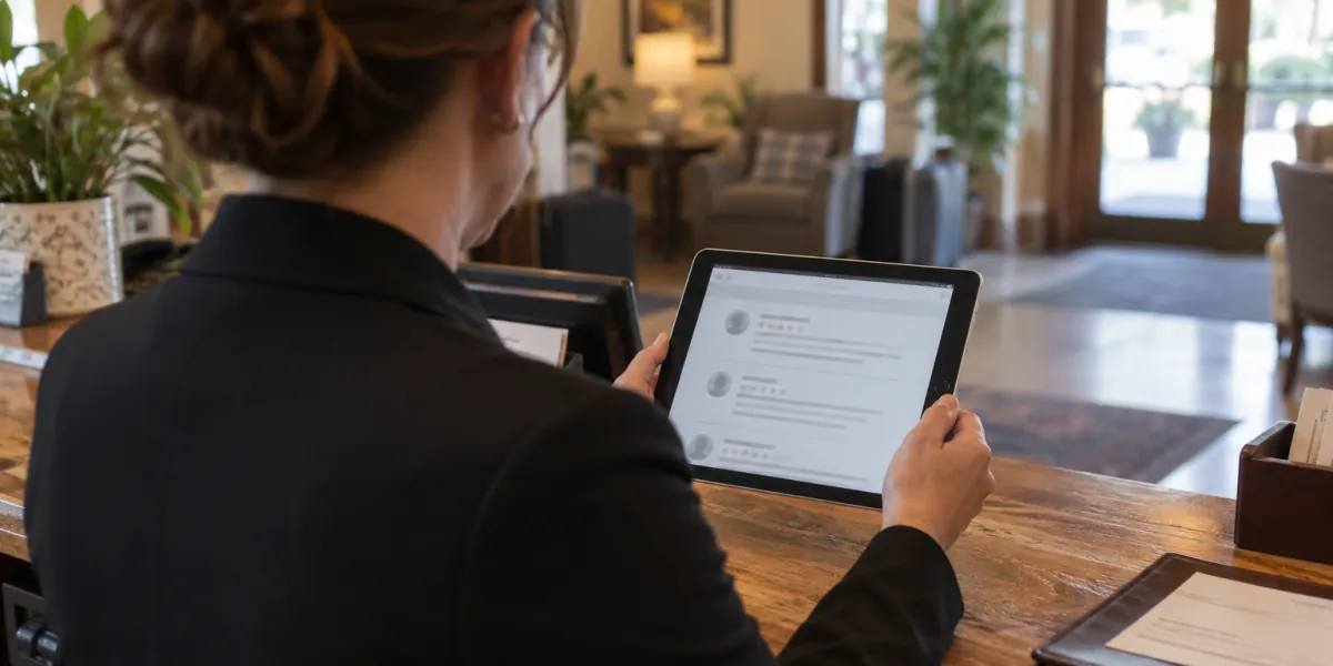 Hotel manager at the front desk reading a guest review on a tablet