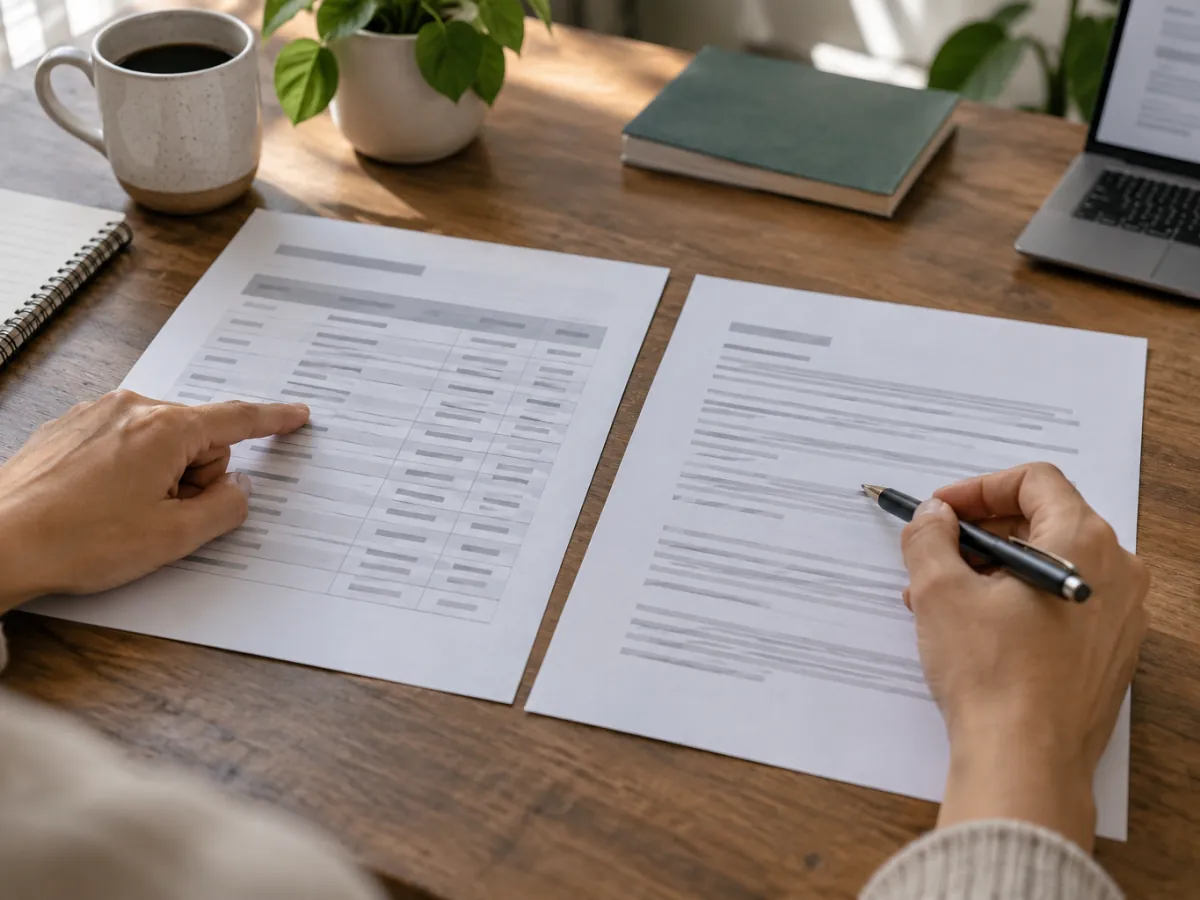 Order records and a printed customer review compared line by line on a desk