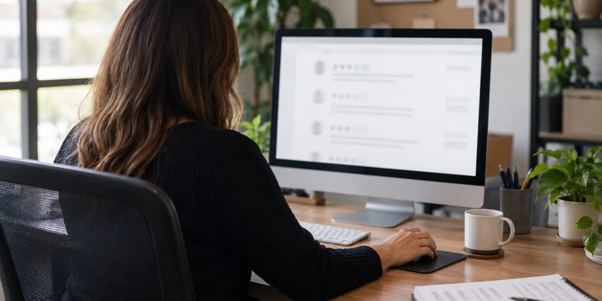 Customer support manager reviewing a company's online review profile on a desktop monitor
