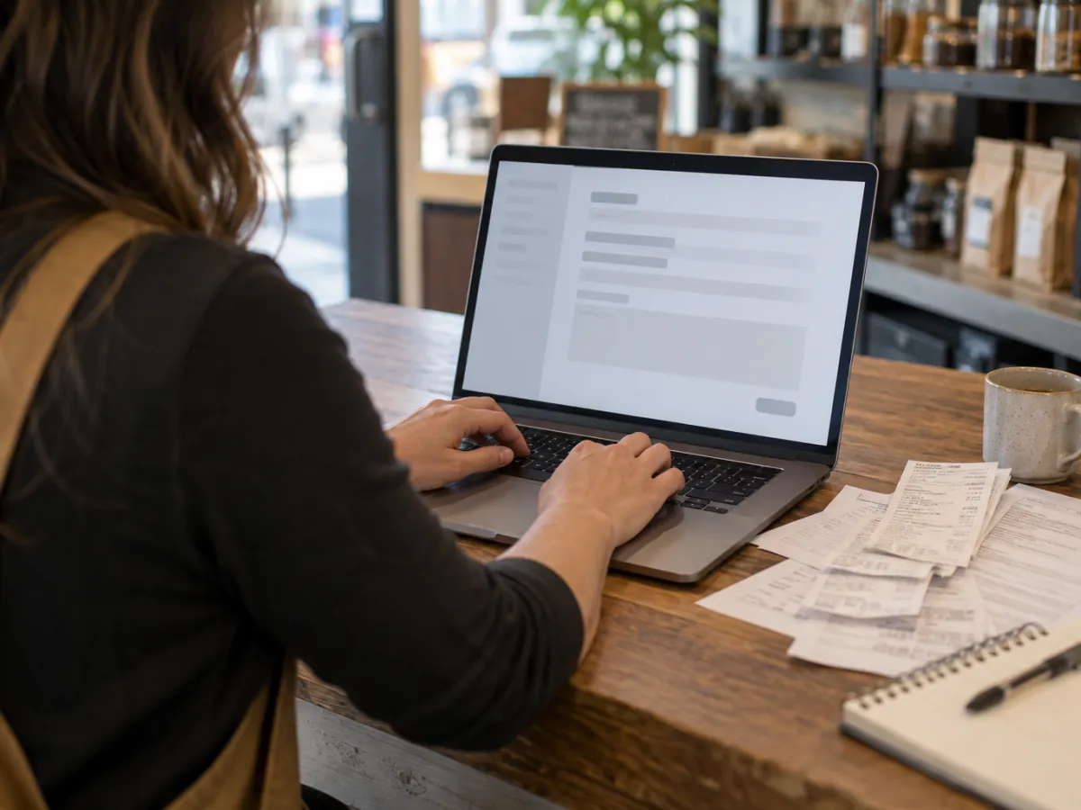 Owner writing a factual report about a customer review on a laptop, with receipts beside it
