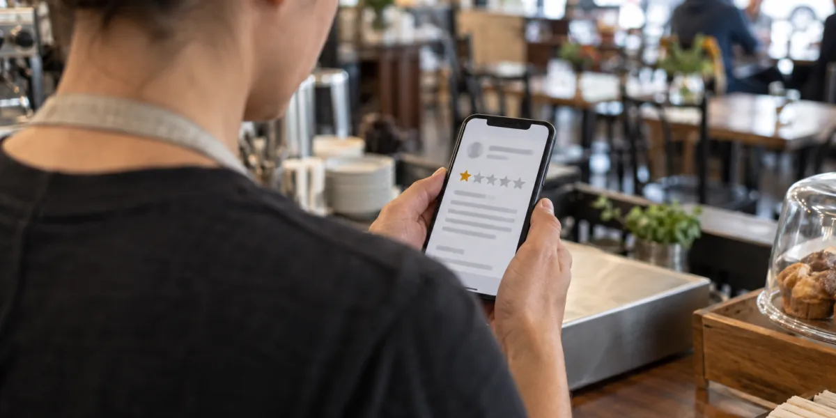 Restaurant owner reading a one-star customer review on a phone behind the counter