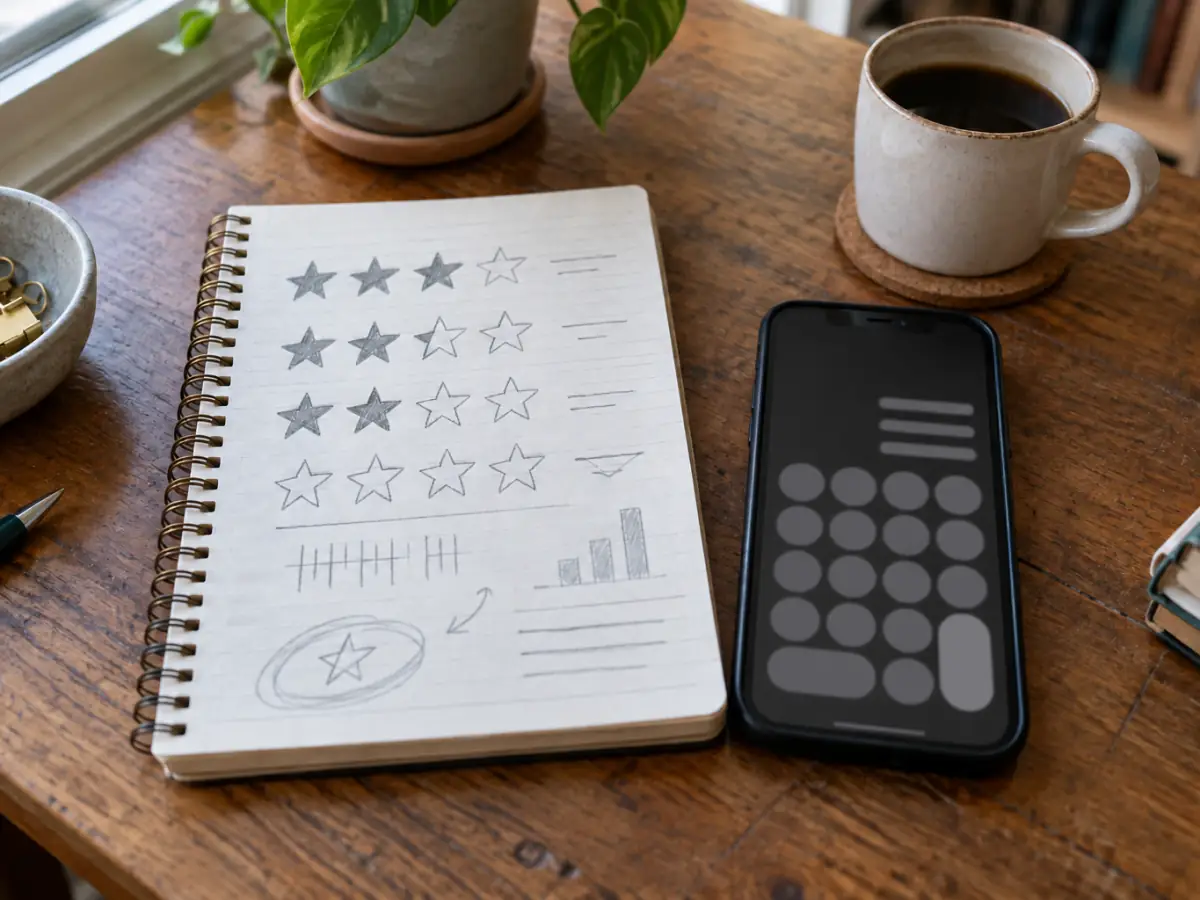 Notepad with a star rating worked out by hand next to a phone calculator