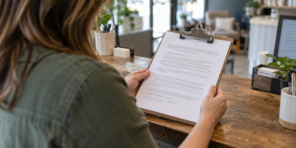Owner reading a one-page written quote on a clipboard at the front desk