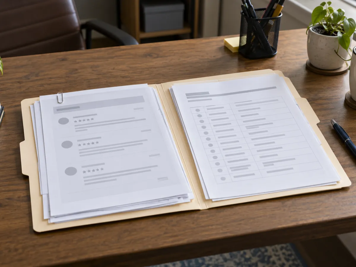 Folder of printed screenshots and dated records prepared for a meeting with an attorney