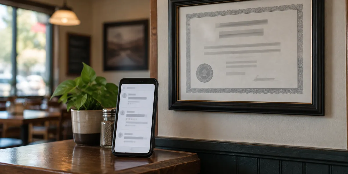 Health inspection certificate on a restaurant wall beside a phone showing a review