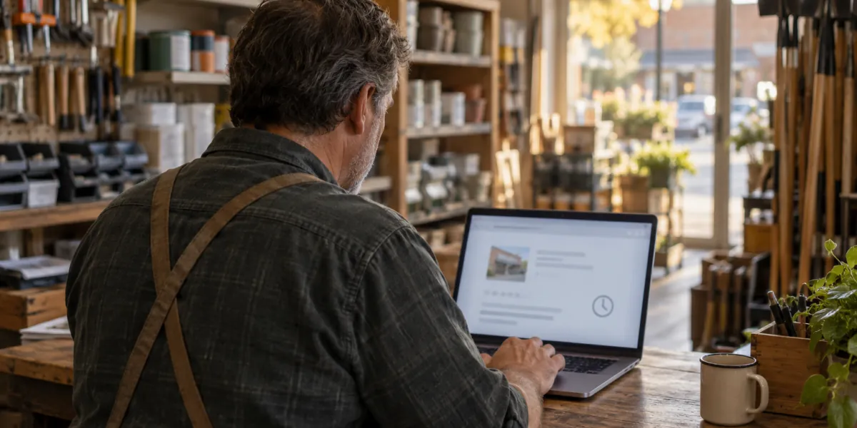 Hardware store owner checking the opening hours shown for the shop on a laptop at the counter