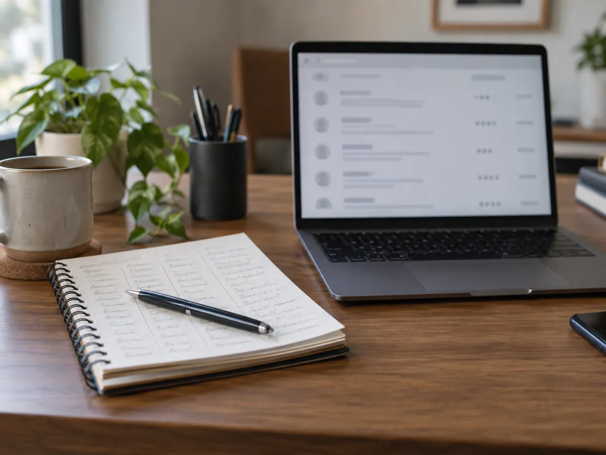 Notebook with dates and reviewer names next to a laptop showing review timestamps