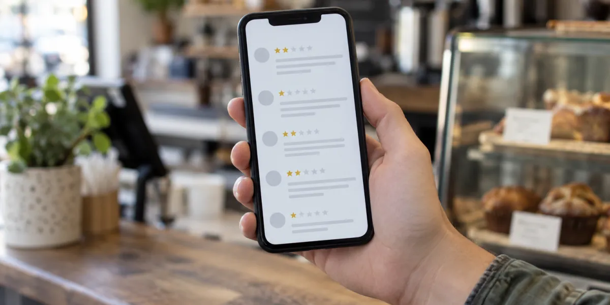 Phone screen showing a list of one-star and two-star ratings on a business profile