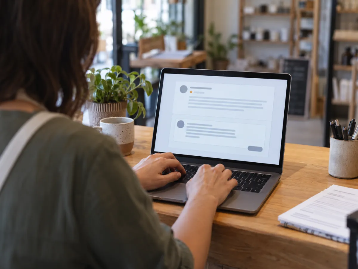 Owner typing a polite public reply to a customer complaint on a laptop