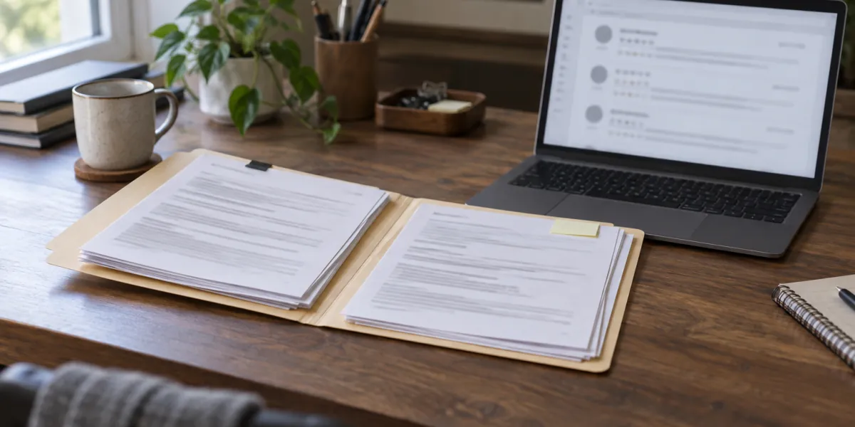 Open folder with printed customer records and a laptop showing a list of business reviews
