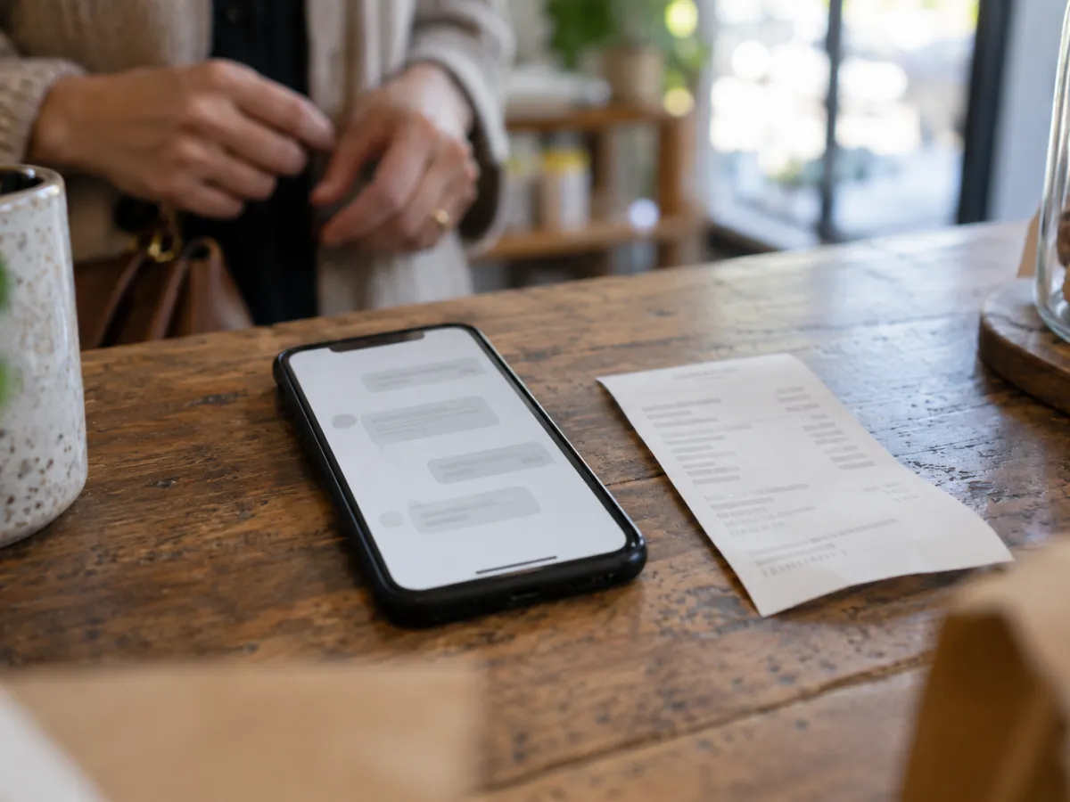 Phone on a shop counter showing a text message that asks a recent customer about their visit